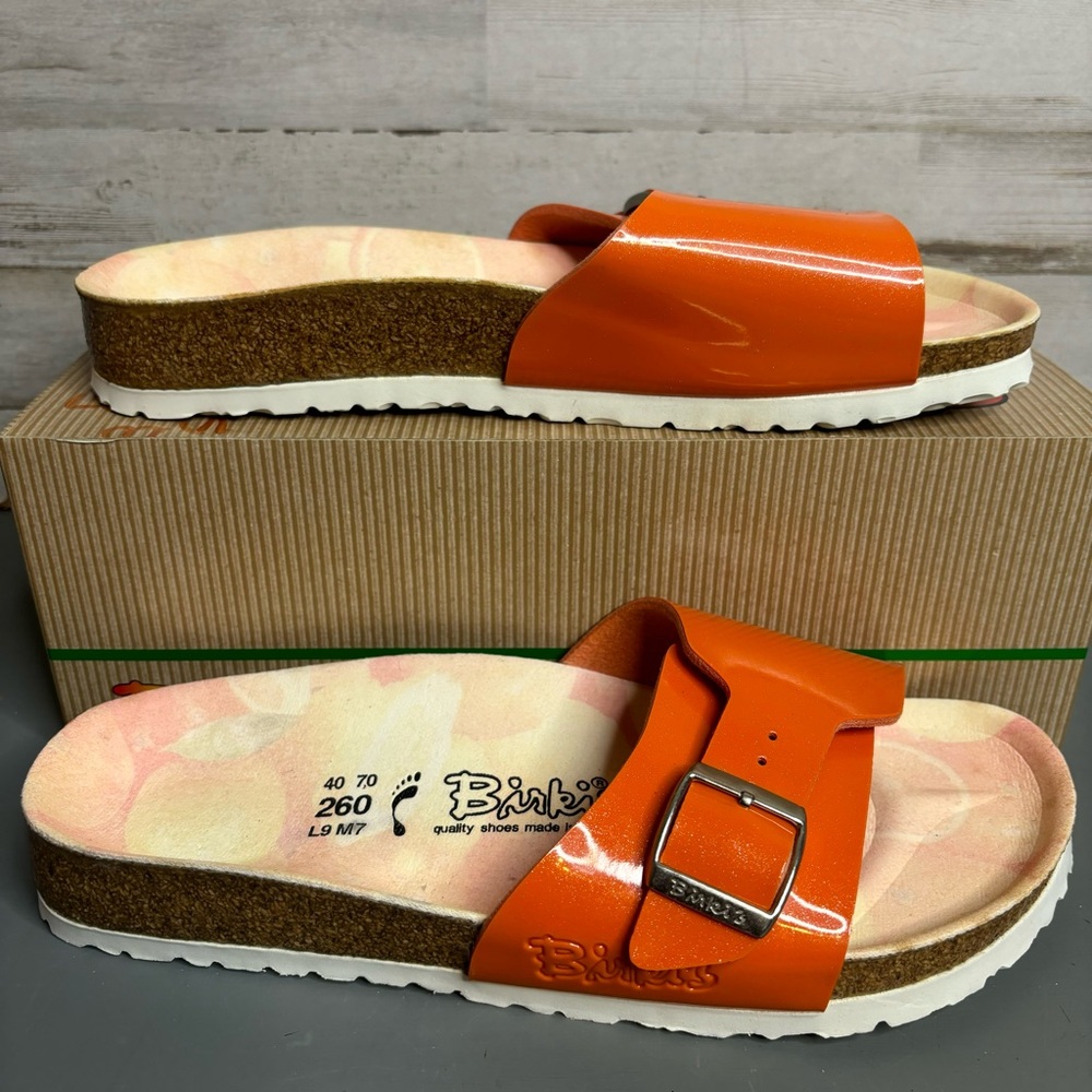 Birkenstock Orange Patent Madrid Slide Sandals